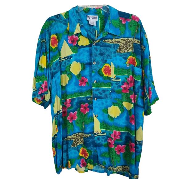 Jacques Carpentier Other - Jacques Carpentier Mens Blue Tropical Hibiscus Floral Short Sleeve Shirt Rayon L